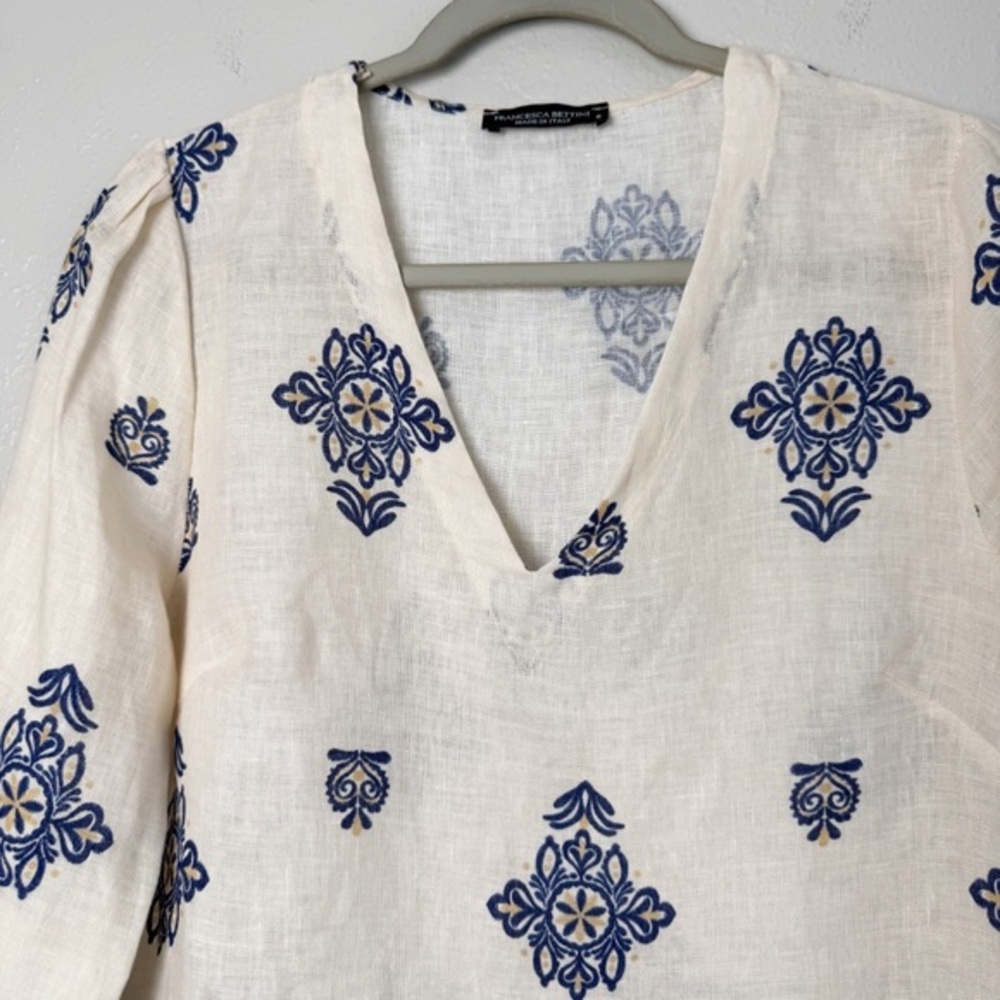 Francesca Bettini linen cream blue boho blouse top S - Picture 3 of 11